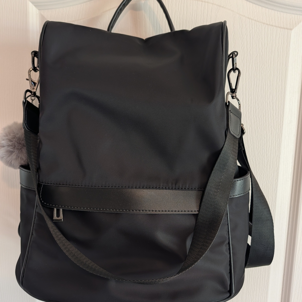 Black Women's Travel Or Shopping Back Pack with Gray Pom Pom & Passport Wallet